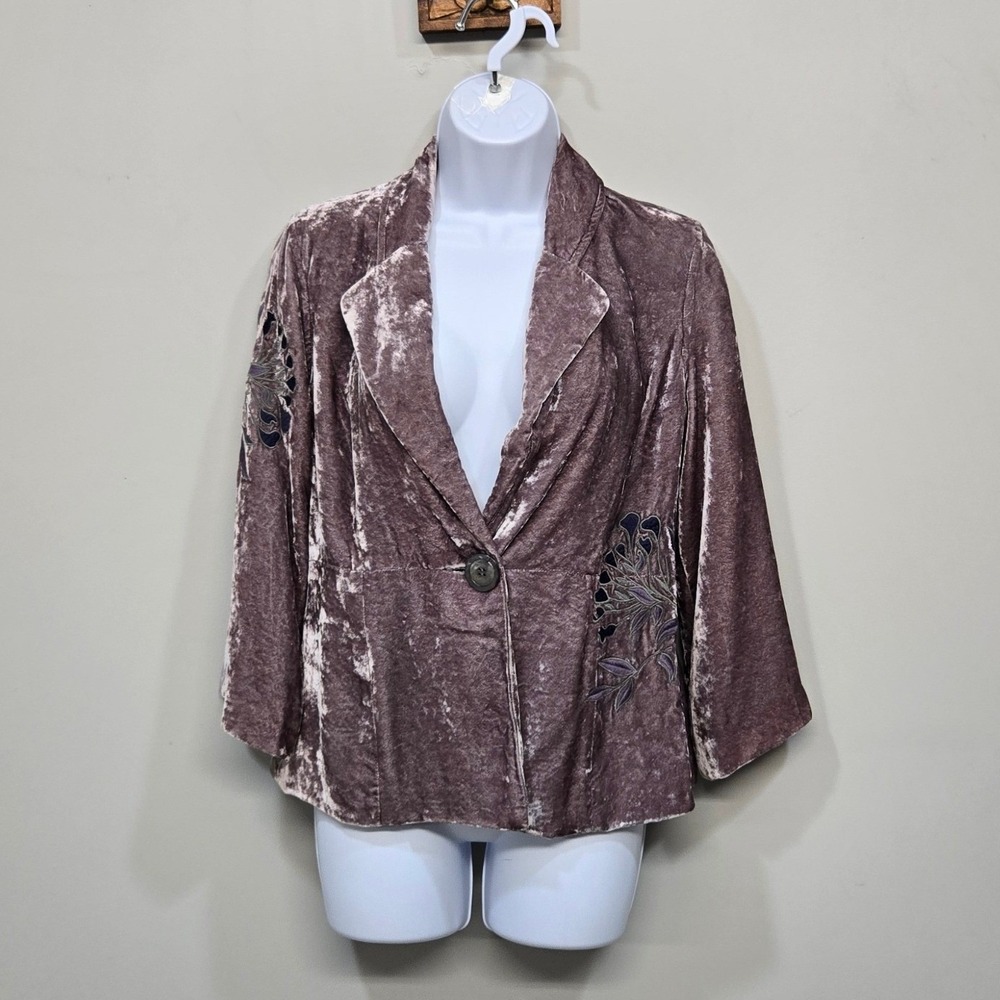 J Jill Velvet Blazer Women 4 Dusty Purple Embroidered Floral Boho Artsy Romantic